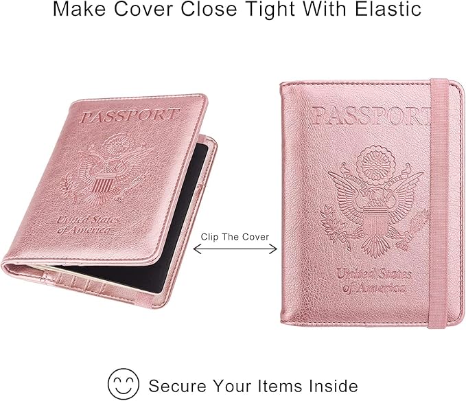WALNEW Passport Holder for Travel, RFID Passport Cover Wallet for Women Men, PU Leather Passport Book Card Holder Case with Pen (Upgraded, Upgraded-Rosegold)
