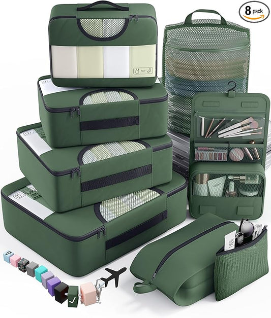 Veken 8 Set Packing Cubes for Travel Essentials, Suitcase Organizer Bags in 4 Sizes, Carry-On Luggage Accessories with Large Laundry & Hanging Toiletry Bag, Must-Have for Airplane, Road Trip & Camping