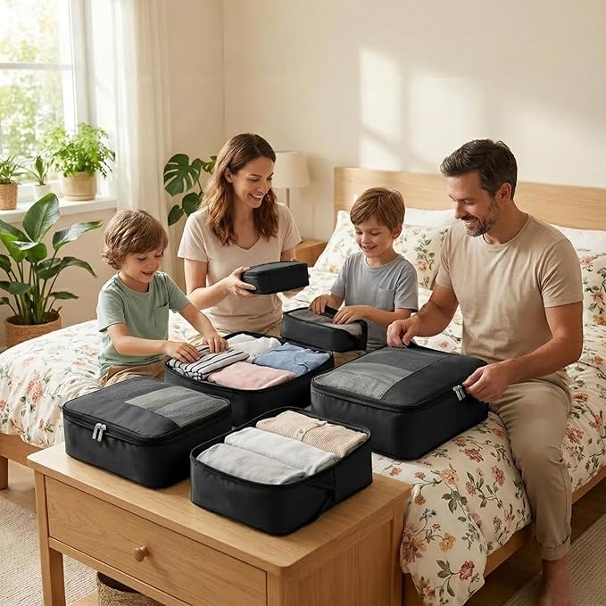 4 Piece Compression Packing Cubes for 3–7 Day Travel, Space Saving Travel Organizers with Breathable Mesh, Double-Zipper Packing Cubes for Carry-On & Suitcases (Black)