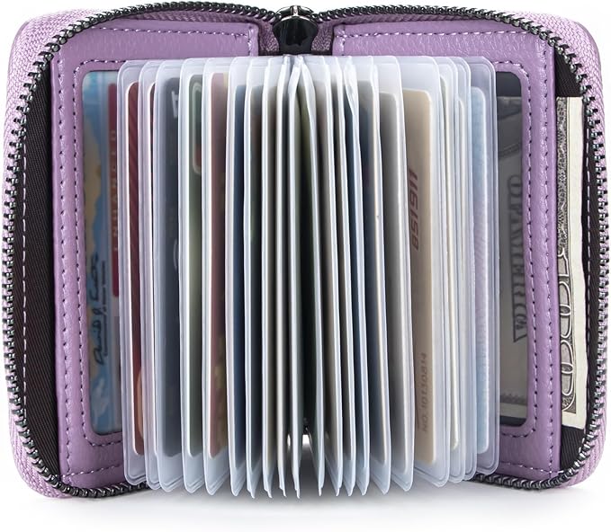 Suweibuke Genuine Leather Credit Card Holder Zipper Wallet RFID Blocking Secure Card Case ID Case Organizer (Light Purple)