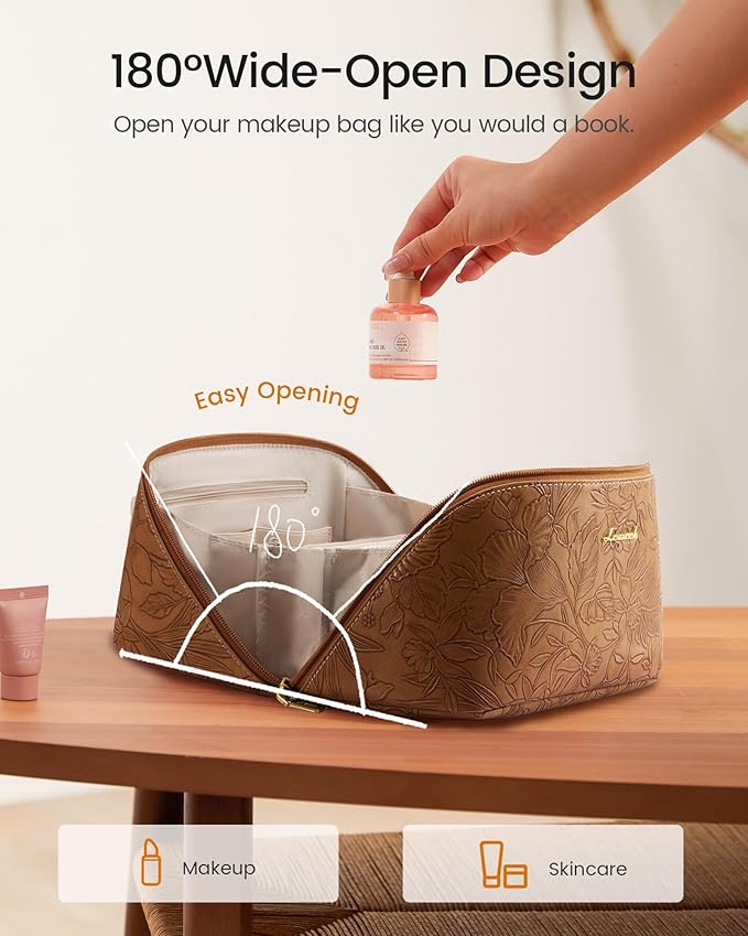 LOVEVOOK Travel Makeup Bag for Women, 2Pcs Large Capacity Cosmetic Organizer Bag, Waterproof PU Leather, Flat Open Portable Small Toiletry Pouch for Skincare, Brushes & Travel Essentials