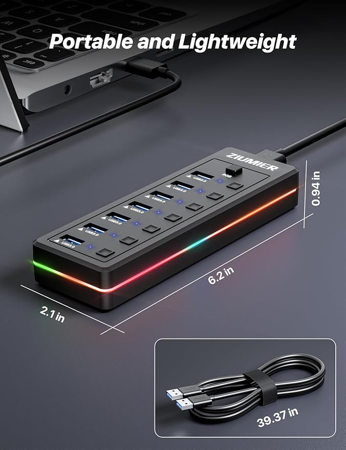 USB Hub 7 Port, USB 3.0 Hub with RGB LED Strip -USB 3.0 Data Transfer Ports,Individual LED On/Off Switches for Laptop, PC, Mouse, Keyboard, Hard Drive or More USB Devices.