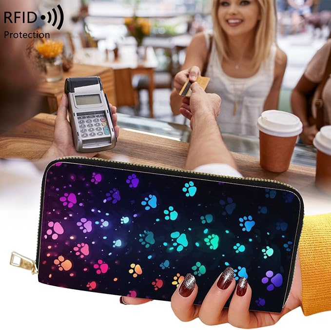 Womens Wallet,RFID Blocking Large Capacity Clutch,Zip Around Leather Purse with 8 Card Slots,Bill Compartments Coin Pocket - Colorful Dog Paw Prints
