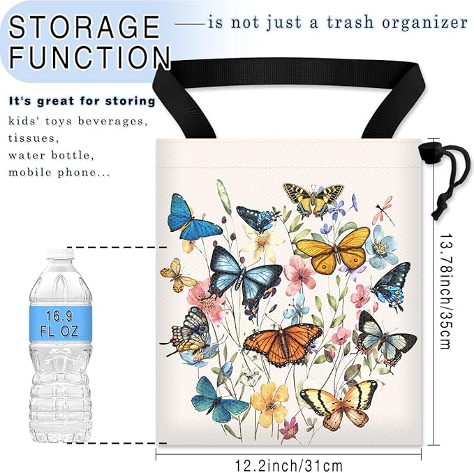 Car Trash Bag Hanging Back of Seat Waterproof Small Cute Printed One-Handed Strap Drawstring Garbage Bags for Car-Butterfly Wildflower