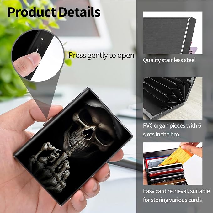 Metal Wallet for Women Men Girls, RFID Blocking Slim Aluminum Credit Card Holder, Mini Travel Wallet with Hard Shell, Lightweight ID & Business Card Case,A Skulls