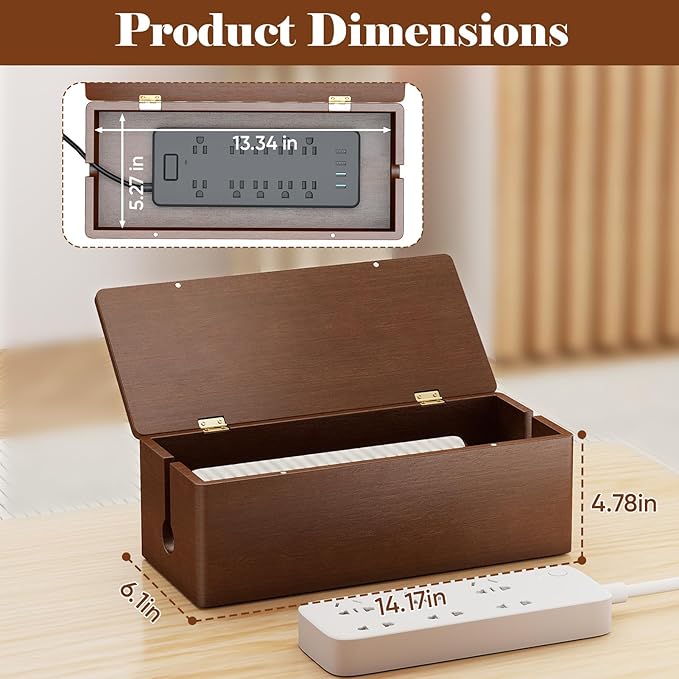 DELAMU 14.17" Large Cable Management Box with Magnetic Lid, Cord Mangement Box and Cord Box Hider for Electrical Cord Management with Ventilation Design, Hide Cables on Desk and Floor, Cable Box Brown
