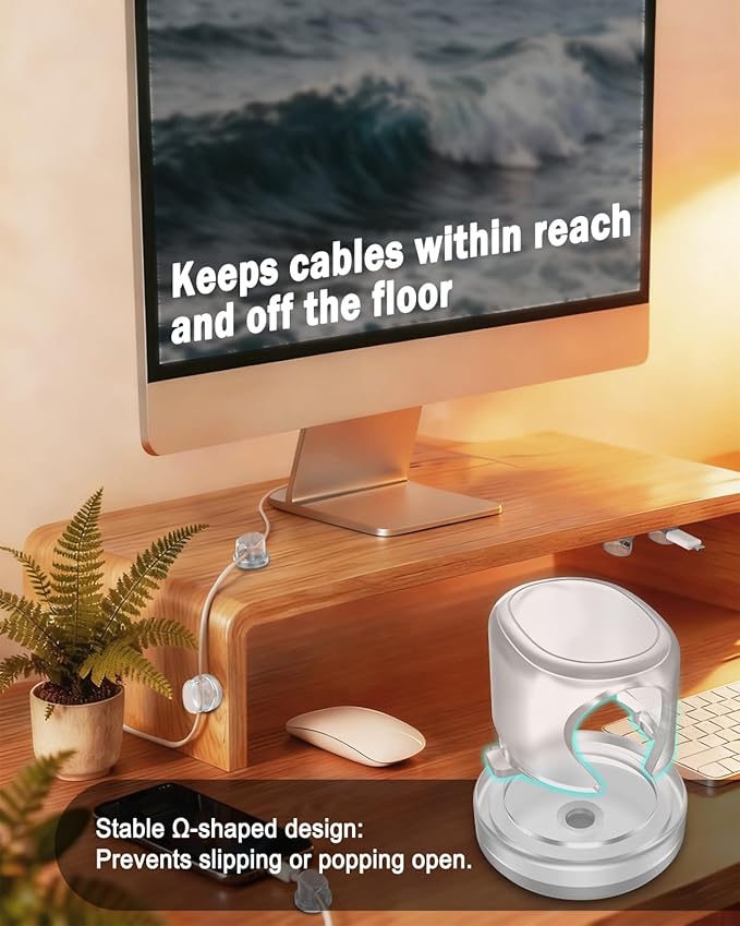 Rotatable Cord Organizer, Snap-Lock Cable Clips Phone Charger Cord Holder, 8 Pack Desk Cable Management, Adhesive Wire Organizer for Nightstand/Car/Kitchen/Office Accessories/Room Decor, Clear