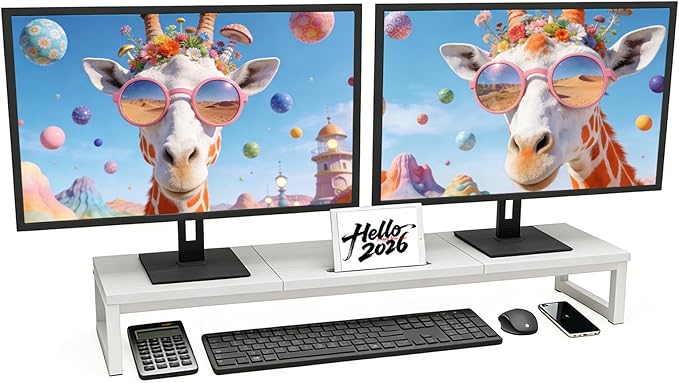 Dual Monitor Stand Riser, 38.7'' Long Wood and Steel Monitor Stand for 2 Monitors, Ergonomic Desktop Organizer with Tablet Stand for Computer,Laptop,TV (White)