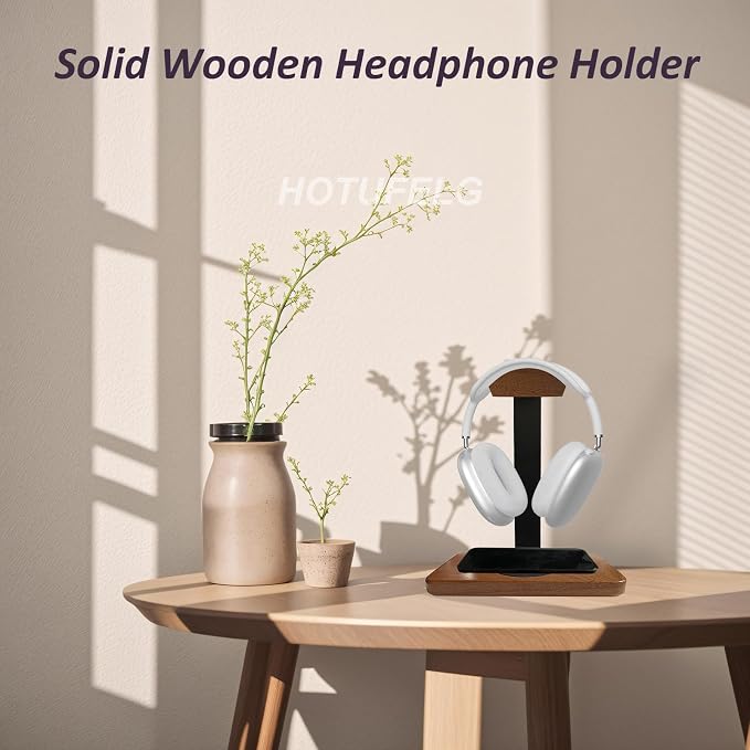 Solid Wooden Headphone Holder with Qi Wireless Charging Pad,Heavy Duty Wood Universal Headset Stand Compatible with Airpods Max,Bose,Razer,AKG,Equipment Accessories for Walnut Desk,Gift Choice