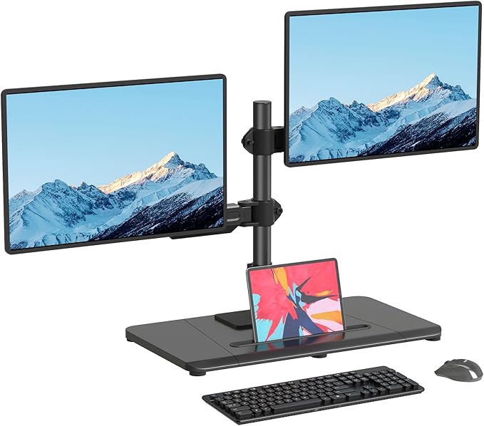 Pholiten Dual Monitor Stand with Wooden Base, Gas Spring Height Adjustable Arms, Each Holds 32 Inch Screen up to 22lbs, VESA Mount 75x75/100x100mm, Tilt/Swivel/Rotate - Ergonomic Desk Mount