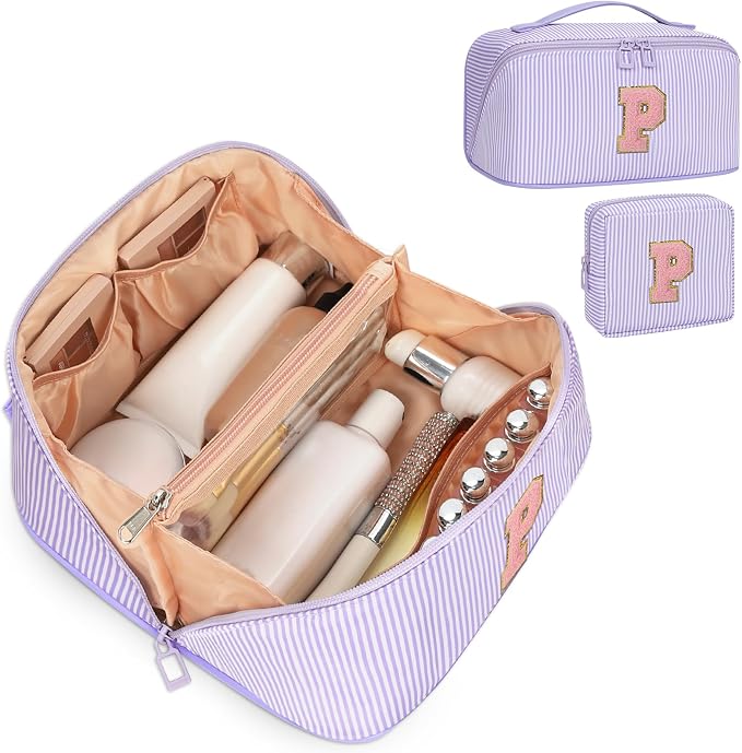 2026 Graduation Gifts - Travel Makeup Bag for Women, 2Pcs Portable Personalized Initial Makeup Organizer Bag, Open Flat Large Cosmetic Bag With Travel Essential Pouch (Purple Letter P)