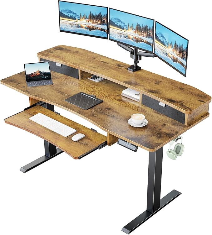 HUANUO 55" x 26" Electric Standing Desk with 2 Drawers & 26.7" Large Keyboard Tray, C-Clamp Mount Compatible, Adjustable Computer Desk for Home Office, Stand Up Desk with 4 Height Presets, Vintage