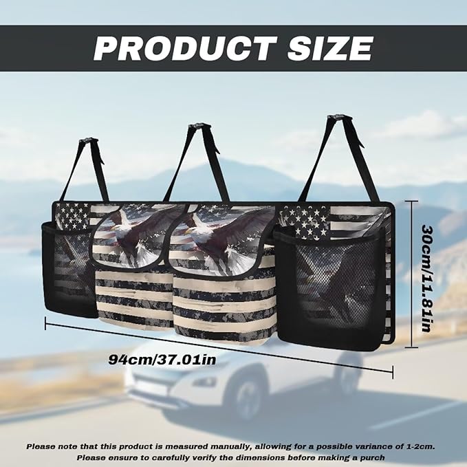 Hanging Organizer for Car Trunk American Flag Eagle Auto Back Seat Storage Bag with 2 Pockets 2 Mesh Pouches Collapsible Detachable Automotive Interior Accessories