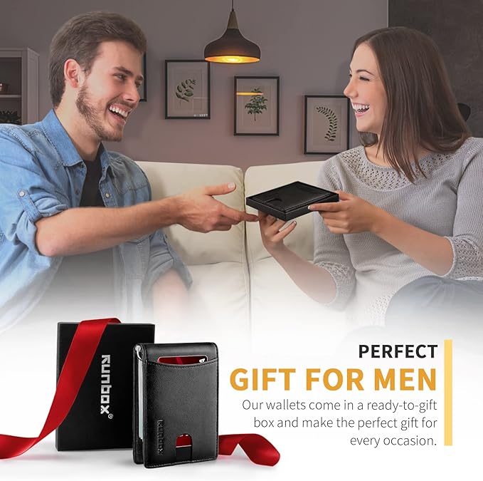 RUNBOX Slim Money Clip Wallets for Men RFID Blocking 11 Card Holder Minimalist Small Thin Carbon Leather Bifold Mens Front Pocket Wallet Gift Box