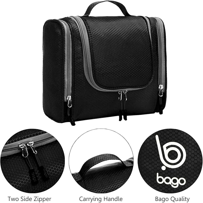 Bago Travel Toiletry Bag for Women and Men X-Large Waterproof Hanging Large Toiletry Bag for Bathroom and Travel Bag for Toiletries Organizer -Travel Makeup Bag (Black)
