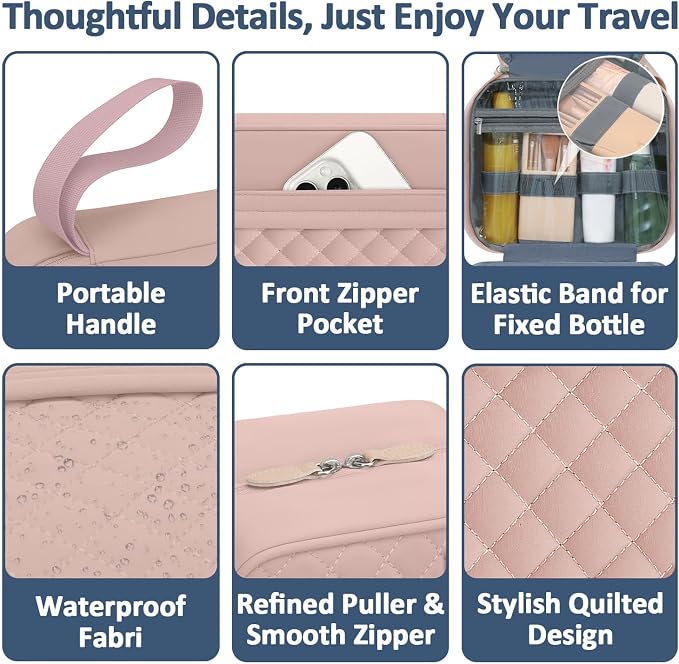 Vankor Travel Toiletry Bag for Women with Hanging Hook, Waterproof TSA Approved Cometic Toiletry Bag Organizers Leakproof Make up Bags for Women Pink