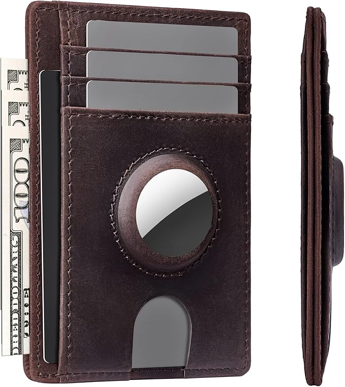 typecase Slim Minimalist Card Mens Wallet for AirTag, Front Pocket Premium Crazy Horse Leather Wallet with AirTag Holder, RFID Blocking Cash Credit Card Wallet Compatible with AirTag (Dark Brown)