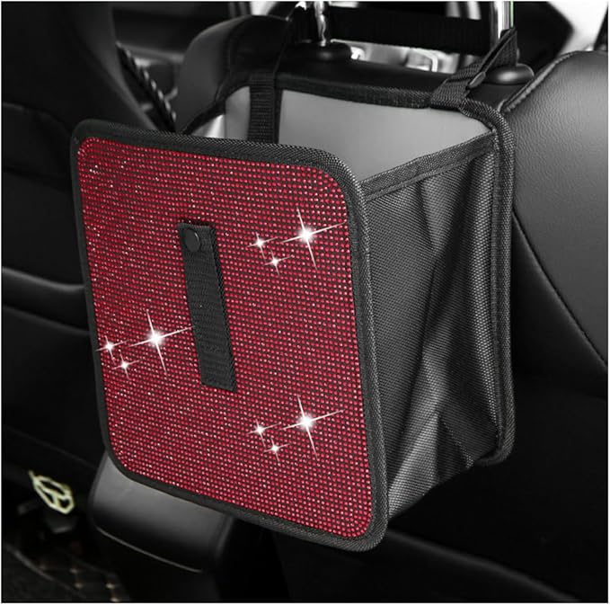 Car Trash Can, Bling Rhinestone Crystal Waterproof Hanging Garbage Bag for Car Interior, Oxford Leakproof Foldable Waste Organizer Trash Bin Universal for Most Vehicles (Red)