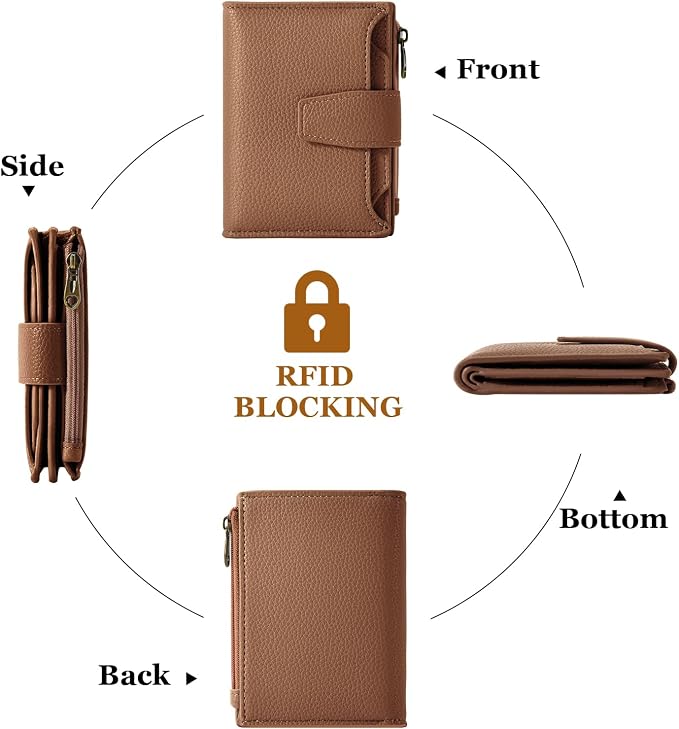 Airkit Small Wallet Women RFID Blocking Soft Leather Bifold Compact Card Holder Wallet for Women with Zipper Coin Pocket 4 ID Window