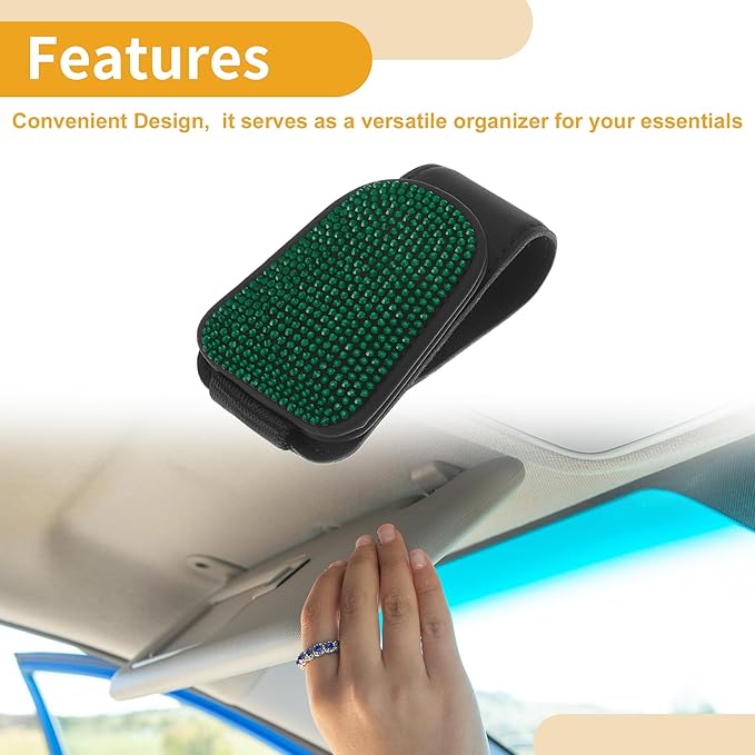 Motoforti Car Sunglasses Clip Magnetic Universal Sun Visor Eyeglasses Holder Clip PU Leather,Rhinestones Green 8.5x5cm 1 Pcs