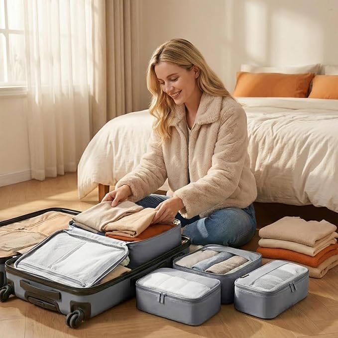 4 Piece Compression Packing Cubes for 3–7 Day Travel, Space Saving Travel Organizers with Breathable Mesh, Double-Zipper Packing Cubes for Carry-On & Suitcases (Silver)