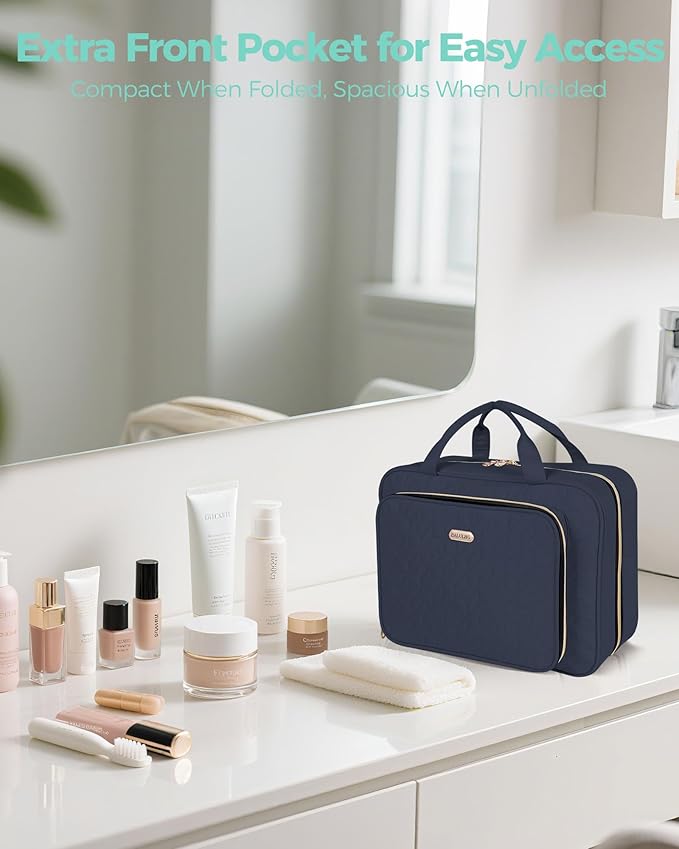 BALULHG Travel Hanging Toiletry Bag for Women, 12'' x 4.3'' x 9'' Makeup Bag Cosmetic Organizer Waterproof with Hanging Hook Multiple Pockets for Women Travel Essentials Blue
