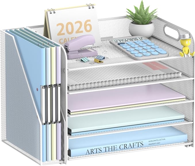 SUPEASY 5-Tier Desk Organizer with File Holder, Desk Organizers and Accessories, Paper Organizer for Desk, Mesh Desktop File Organizer, Workspace Organizers for Office School Home, White