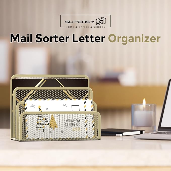 SUPEASY Mail Organizer for Desk, Mesh Metal Mail Holder Countertop with 3-Slot, Letter Sorter File Holder, Office Envelope Organizer for Mails (Yellow)