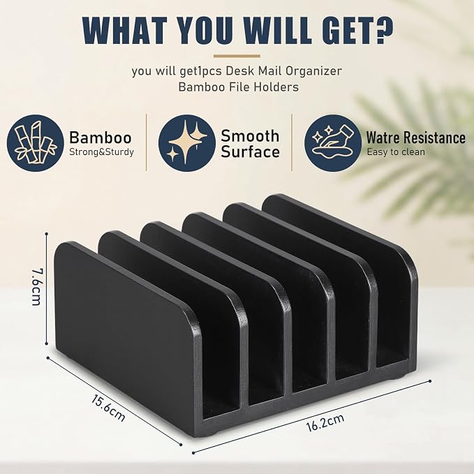 Lineshading Bamboo Letter Organizer, 5 Compartments Desk Mail Organizer, Desktop Envelope Holder and Letter Sorter, Countertop Paper File Holders with Anti Slip Mat for Home Office(Black)