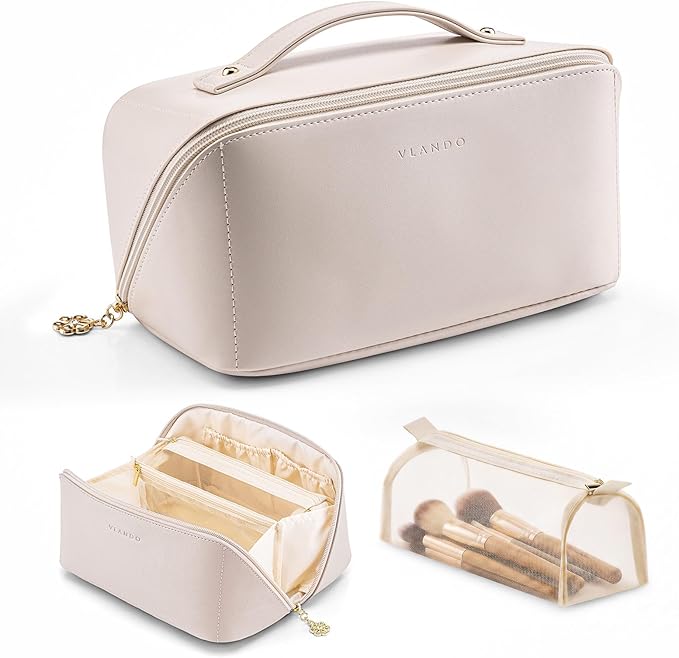 VLANDO Makeup Bag,Travel Toiletry Bag,Cosmetic Bag for Women PU Leather Portable Make up Bag for Skincare, Brushes & Travel Essentials-Off White