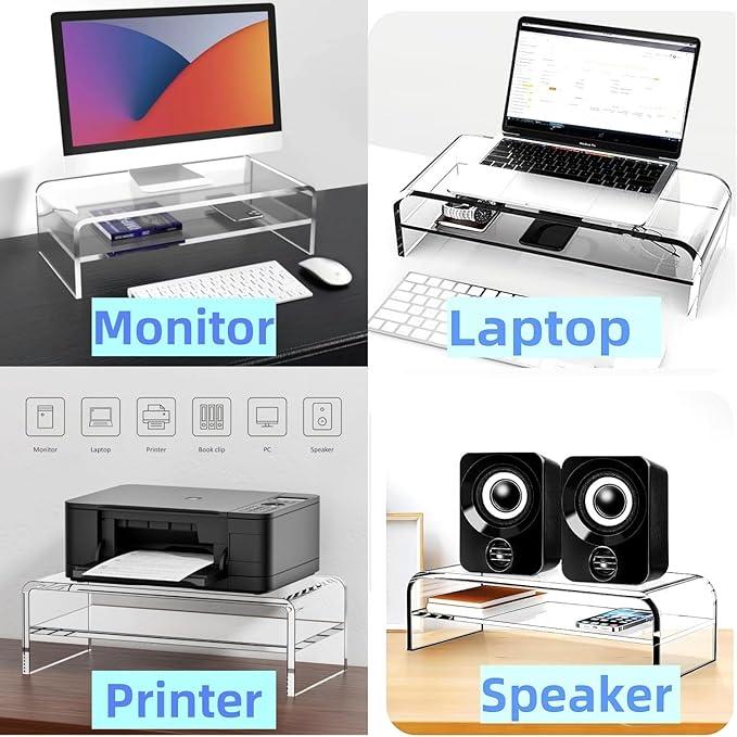 Acrylic Monitor Stand, 2 Tier Riser with Storage Shelf, Clear, 16/20 Inch, Home Office Desk Organizer (20in)