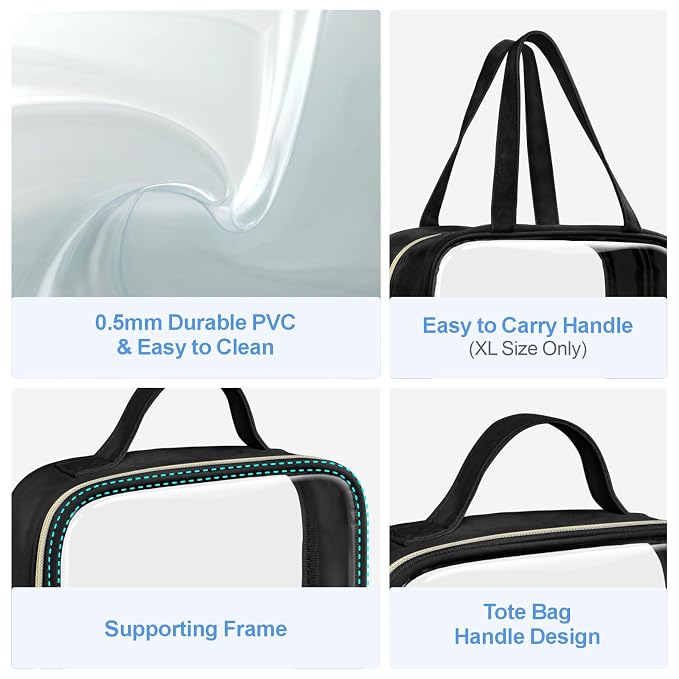 PACKISM Clear Makeup Bag Combo Pack, 1 TSA Approved Medium & Large/XL for Checked Luggage, Clear Toiletry Bag with Handle, Water-resistant Travel Essentials Organizer, Black