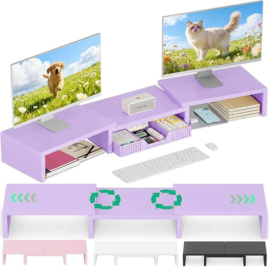 OPNICE Dual Computer Monitor Stand Riser with Drawer, Workspace Desk Organizer, Office Supplies Desk Accessories for Women, Purple