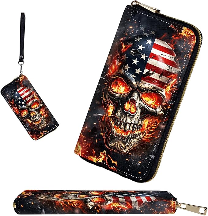 RFID-Blocking Zip Around Wallets for Women with Detachable Wrist Strap,Large Capacity Phone Holder with Card Organizer & Coin Pocket,American Flag Flame Skull