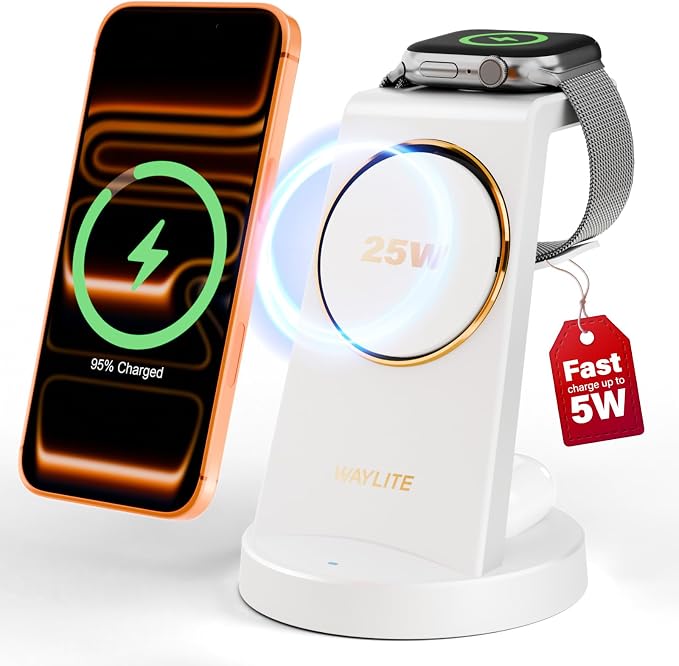 3 in 1 Fast Charging Station for iPhone, 25W Wireless Magnetic Phone Charger for iPhone 17 16e 16 15 14 13 12 Serise, Watch Charger Stand, Wireless Charging Station for AirPods 4 3 Pro, White