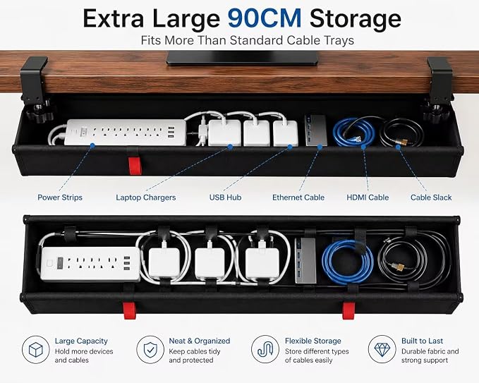 Under Desk Cable Management Tray, 90CM Extra Large, No-Drill Clamp Mount Cable Organizer, Hide Power Strips, Adapters & Wires, Easy Access Fabric Cable Basket for Standing Desks & Home Offices
