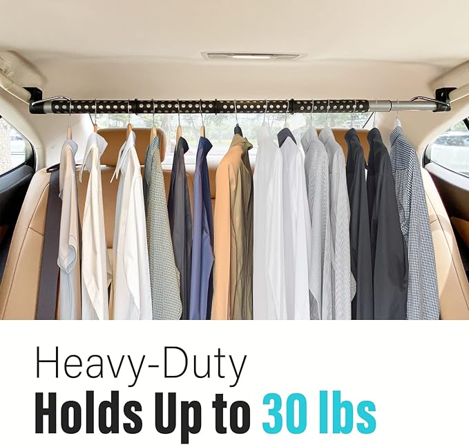 Car Clothes Hanger Bar with 4 Pack Car Seat Headrest Hook, Expanded to 65 inches, Clothes Rack for Car, Stainless Steel Heavy Duty Car Clothes Rod for Sedans, Trucks, SUVs, Vans, RVs, Road Travelers