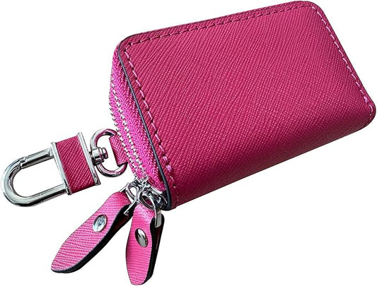 Key Fob Case Genuine Leather, Double Zipper Car Key Holder & Key Wallet with Keychain, Key Pouch for Purse Gift