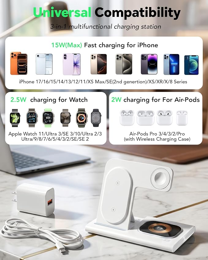 3 in 1 Foldable Charging Station for Apple Products,Wireless Charger for iPhone 17 16 15 14 13 12 Pro Max,Travel Dock Adapter&Light for iWatch Series 11 10 9 Ultra 3/2 SE 3/2,for AirPods 4 3 2 Pro 3/2
