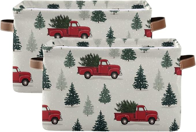 Aslsiy Storage Basket Red Pickup Truck with Christmas Tree (3) Nursery Bins Baby Canvas Box Clothes Shelf Basket Laundry Hampers 2 Pcs