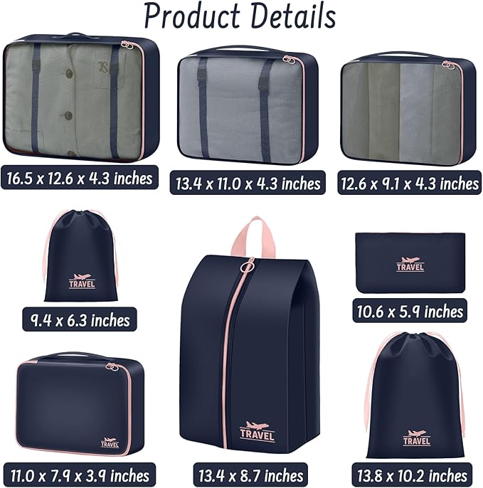 Packing Cubes for Travel - 8 Set Luggage Organizer Bags for Family, Mesh Breathable Packing Cubes for Suitcases Durable Travel Essentials Bags Set