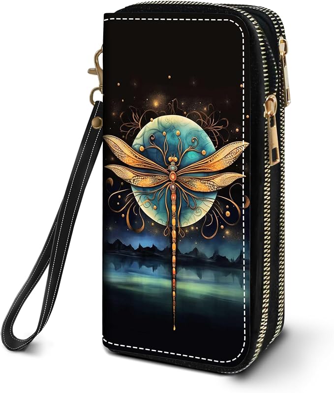 Women's Large Capacity Wallet PU Leather Double Zipper Clutch Purse Multifunctional Wallet with Removable Wristlet Strap for Smart Phone/Coin/Card/Cash - Dragonfly