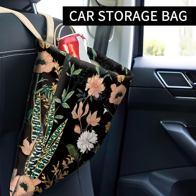 Car Trash Can, Cute Car Trash Bag, Hanging Car Organizer and Storage Bag, Trash Bin for Car Accessories, Vehicle, Travelling, Camping Cute Dark Flower