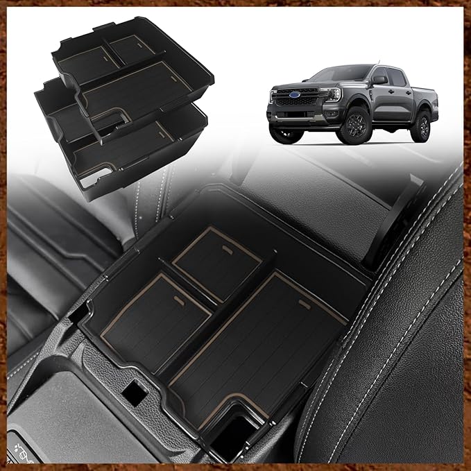 Muslogy Center Console Organizer Compatible with Ford Ranger 2024 2025 2026 & Raptor Accessories Two-Layer Storage Box Insert Tray Secondary Storage Divider Armrest ABS Material Glove Box (Sandstone)