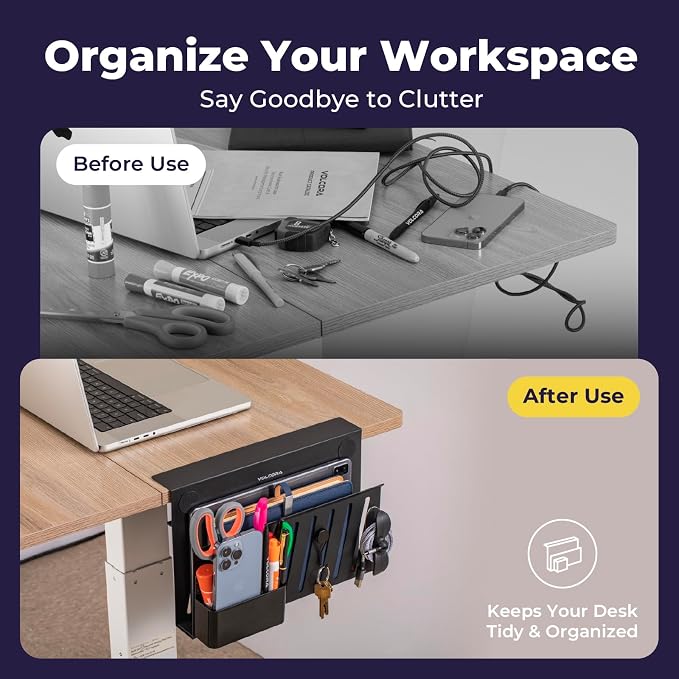 Volcora Side Storage, Under Desk Laptop Holder, No Drill Organizer with Magnetic Pen Box, Cable Clamp, Hanging Organizer, Laptop Mount File Holder for Office and Home, 1 Tier Black