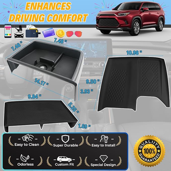 3Pcs Grand Highlander Center Console Accessories for 2026 2025 2024 Toyota Grandhighlander Screen Dashboard Organizer - Middle Console Divider & Wireless Charging Anti-Slip Mat Protector Interior