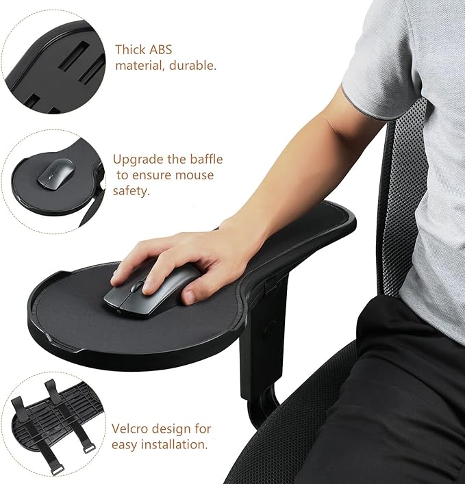 Ergonomic Adjustable Arm Rest Mouse pad for Chair, Mouse Extension Platform Tray with Mouse Baffle to Prevent Falling, Attaches to Chair, Black (Black（YYLL8326）)