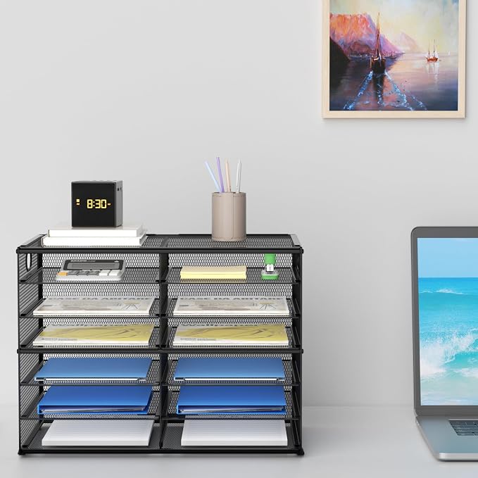 Lavatino 12 Compartments Paper Organizer for Desk, Mesh Literature Organizer, Mail File Sorter Tray with Handle, Desktop Mailbox for Office Classroom Home, Black