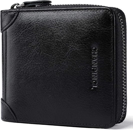 Mens Genuine Leather Zipper Wallet RFID Secure Large Capacity Double Fold Multi-card Leather Wallets for Men and coin purse