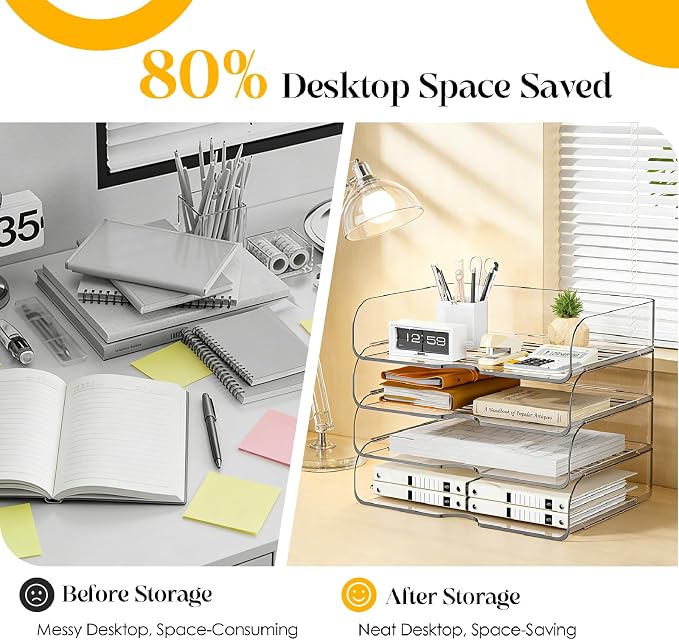 HIYOHIYO Clear Office Desk Organizer for A4 Letter Paper, 4 Tier Horizontal | Stackable | Large Capacity | Office Organization for File Folder | Desktop Paper Holder Workspace Organizer and Storage